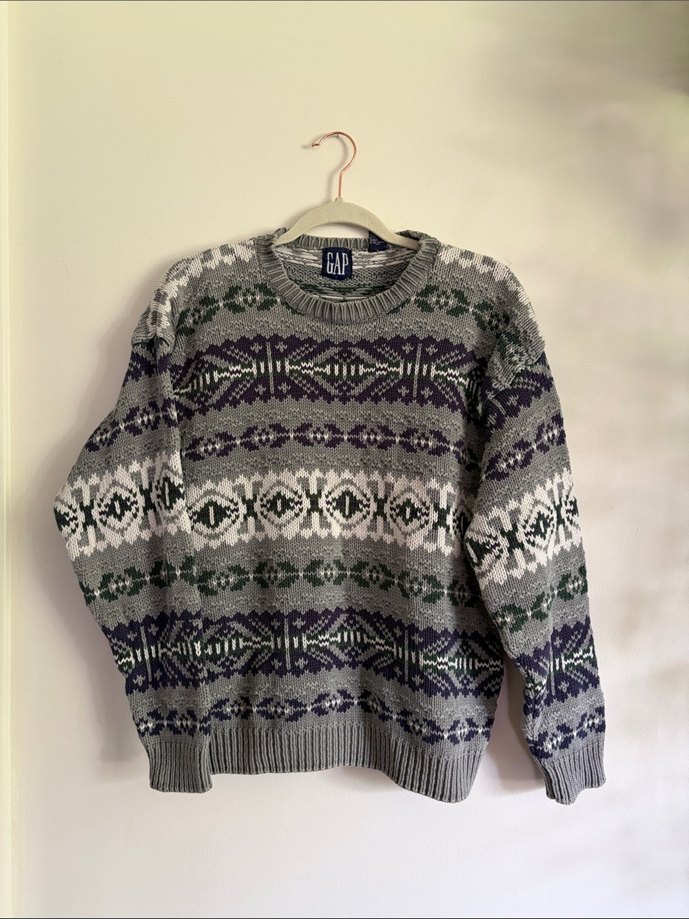 GAP Gray Crewneck Sweater with Green, Purple & White Pattern